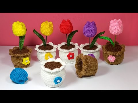 Mini tulipán 🌷 con maceta tejidos a crochet 🌷 🌹 💥video completo paso a paso 🌹 #tejidosacrochet
