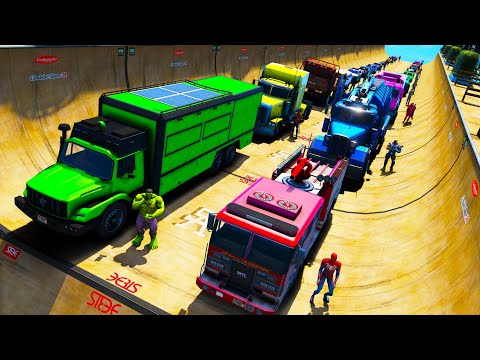 Homem-Aranha e Fire Truck Desafio Skateboard Ramp com Heróis! Сhallenge on Cars and Trucks GTA 5