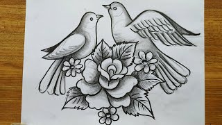 how to draw a pigeon and rose flowers with pencil 