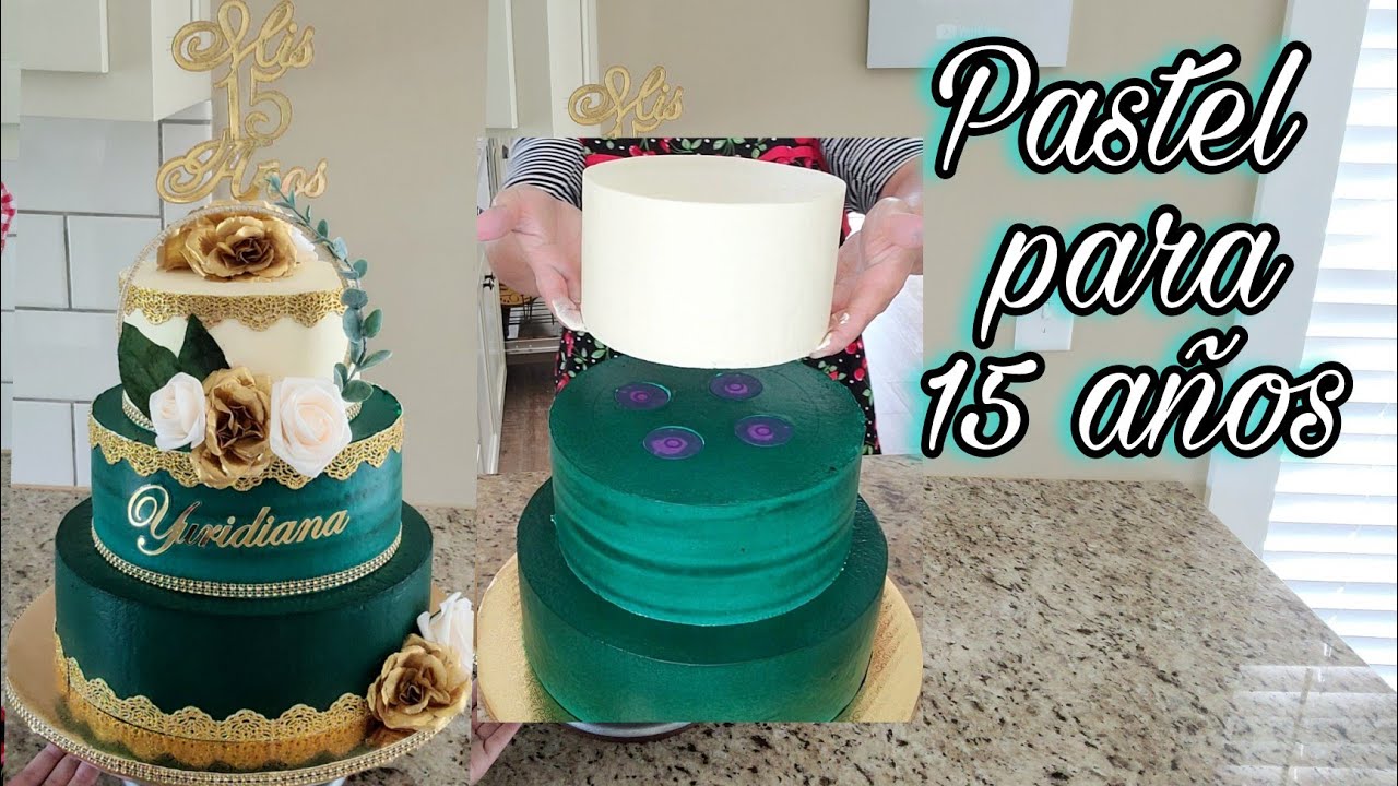 Pastel para 15 años en chantilly verde esmeralda, 3 leches