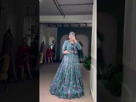 Teal Silk Printed Lehenga Choli with Koti