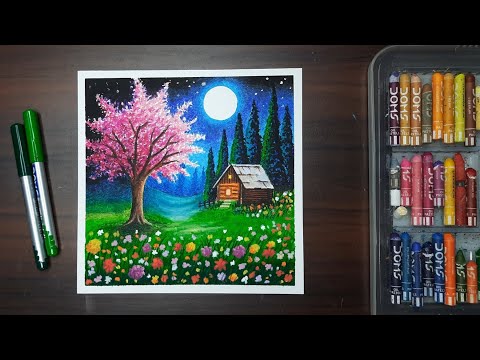 How to draw nature night scenery with oil pastel | Moonlight scenery drawing 😍 Canvas Art