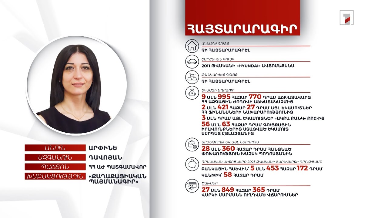 Ավտոմեքենա, 4 մլն 511 հազար դրամ. ՀՀ ԱԺ պատգամավոր Արփինե Դավոյանի հայտարարագիրը