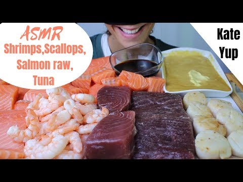 HUGE ASMR : SALMON RAW, SCALLOPS, SHRIMPS & TUNA !!! DELICIOUS !