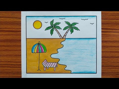 Summer Season Drawing Easy / How to Draw Sea Beach Scenery Easy Steps / Beach Drawing Easy