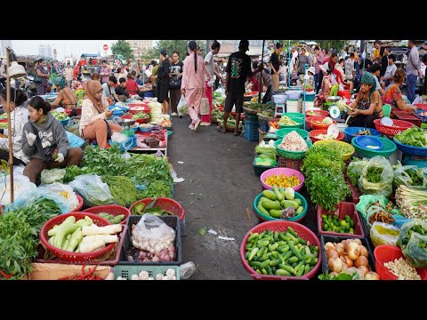 Cambodian Street Market Tour In Early Morning - Massive Vegetable Fruit  More Food On The Street
