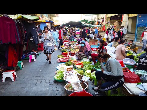 Morning Daily Fresh Foods In Phnom Penh Market - Cambodian Street Food Tour