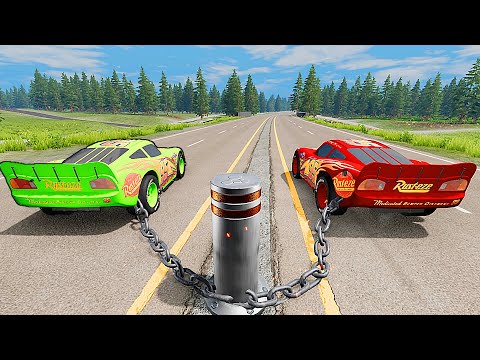 Chained Cars vs Bollards - Pixar Cars McQueen Mack Snot Rod Jackson Storm - BeamNG.Drive Crash Zone