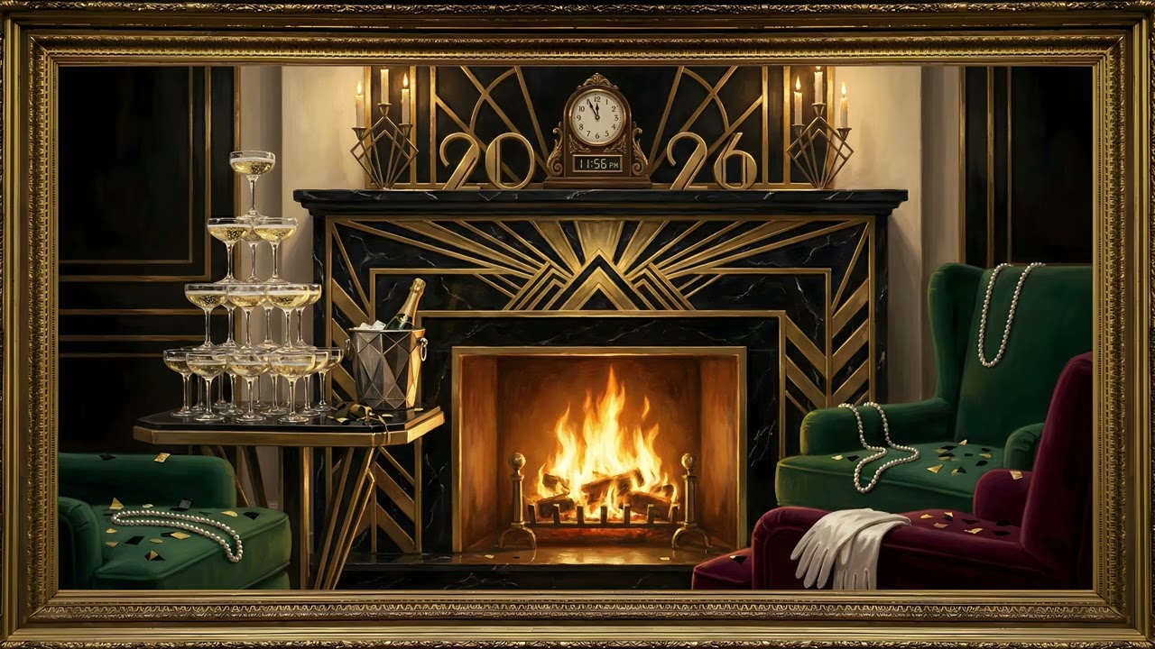 Gatsby NYE Art Deco Fireplace Gold Frame TV | 2 Hours 4K — 4K ambient art screensaver in baroque gold frame