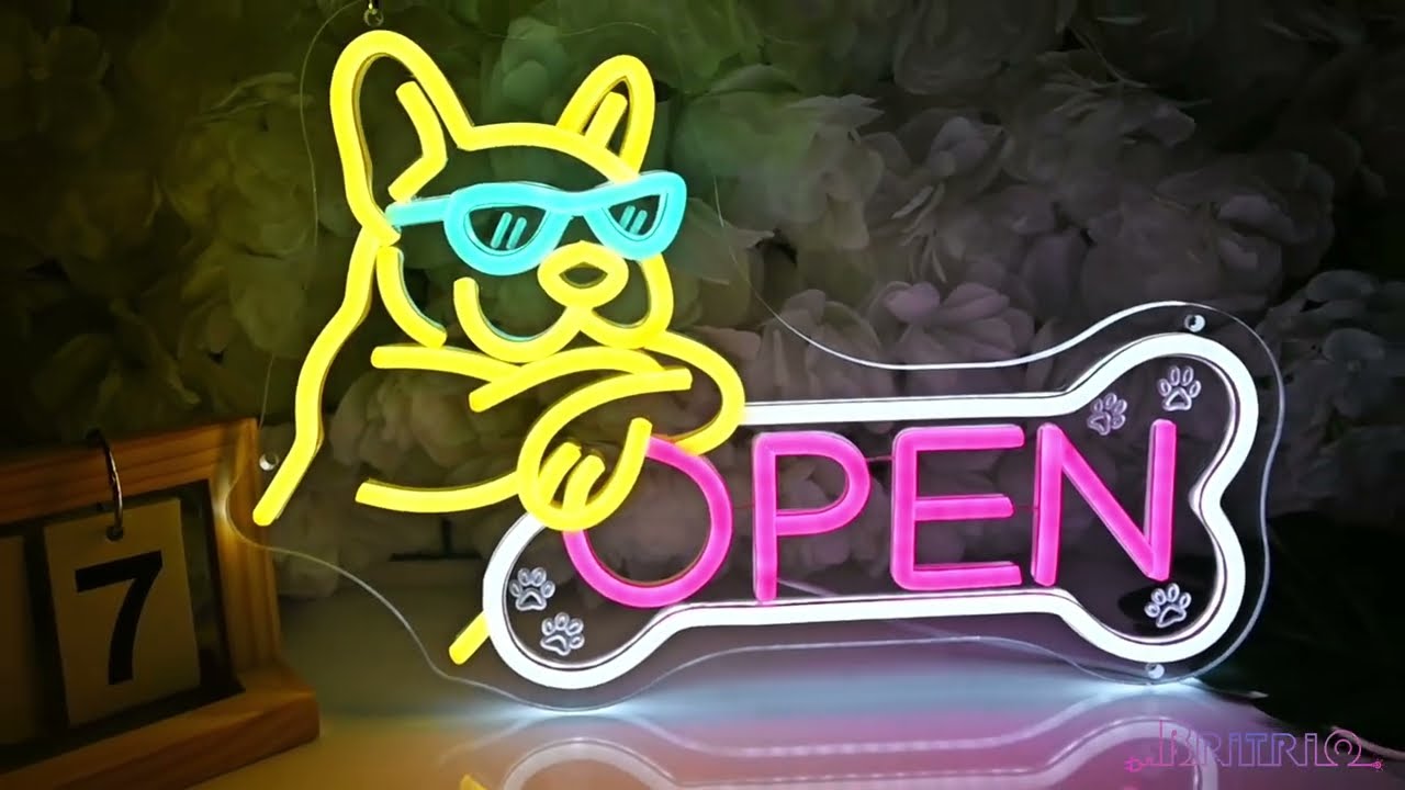 Britrio Pet Shop Open Neon Sign Dog Wall Decor for Pet Grooming Salon Open LED French Bulldog