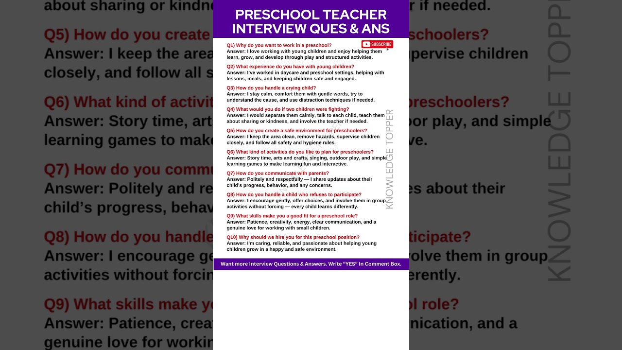 Preschool Teacher Interview Questions and Answers | Kindergarten Teacher Interview Questions Answers