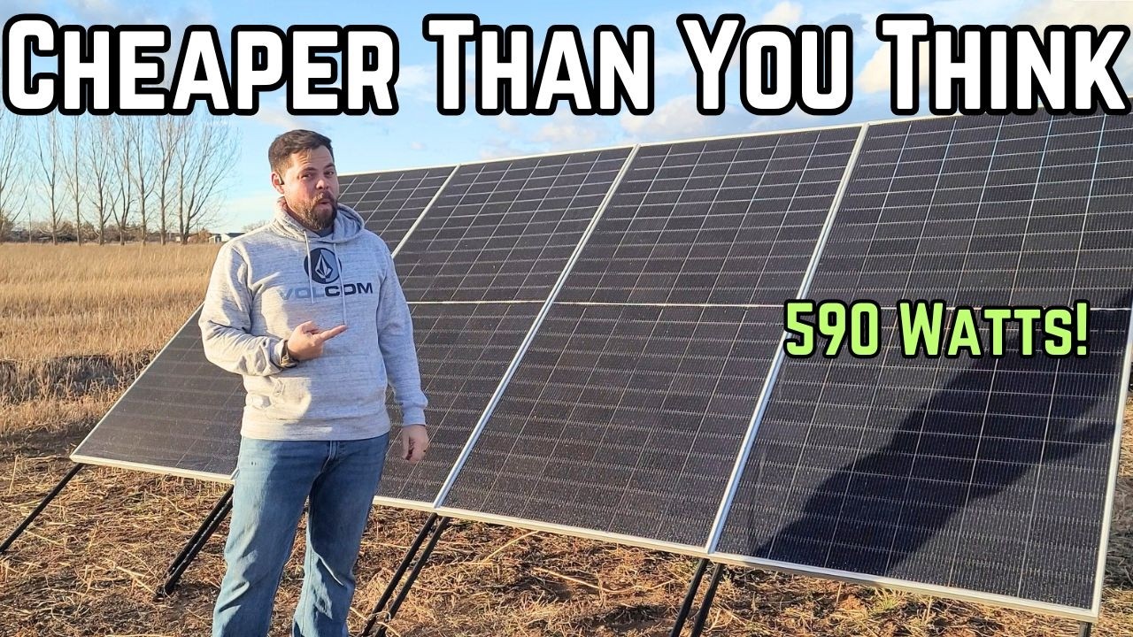 Miniman Solar testing 590W bifacial Sunold Power panels on Minute Man ground stands in a winter off-grid setup