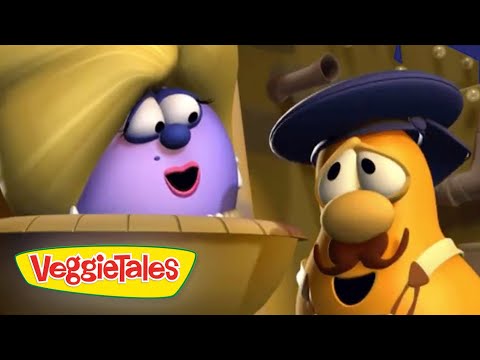 VeggieTales scene with a purple eggplant character talking to a yellow mustached man wearing a blue hat in a wooden cart.