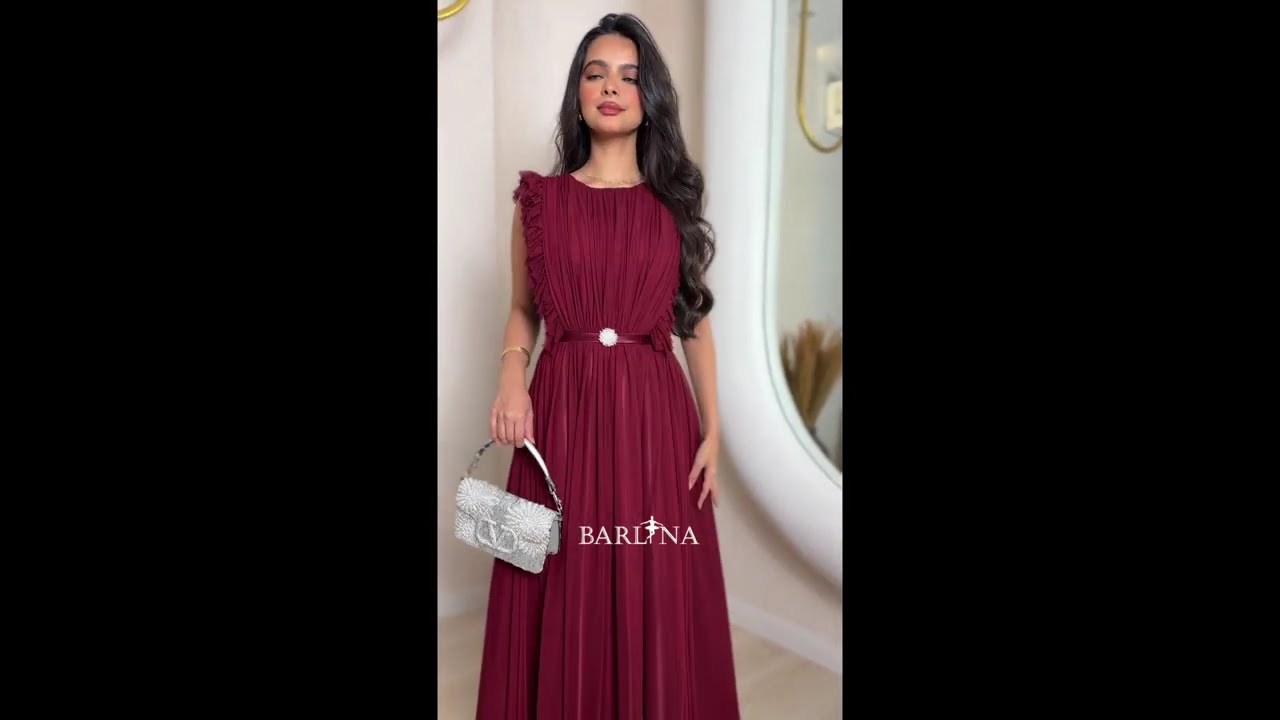 فستان عنابي طويل بكسرات ناعمة - XXL