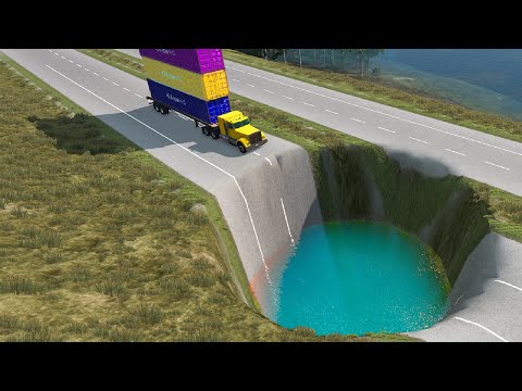Cars vs Huge Water Potholes - Cars vs Giant Pit - BeamNG.Drive