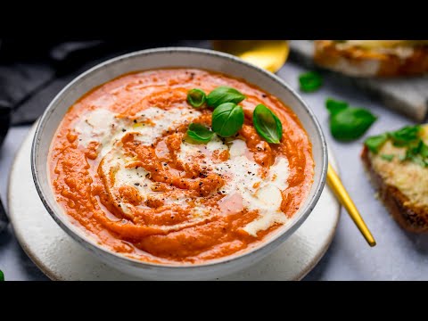 Creamy Tomato Soup with Basil Cheese on Toast