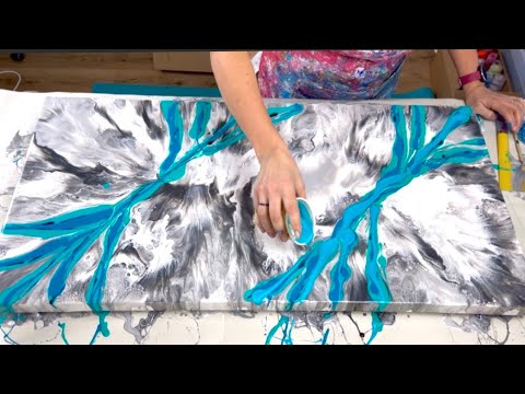 HUGE Turquoise Bow Dutch Pour on a Marbled Base ~ 50x100cm ~ acrylic paint pour ~ abstract fluid art
