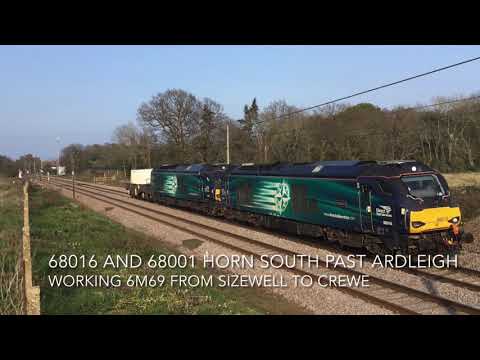 DRS 68016 and 68001 horn south past Ardleigh working 6M69