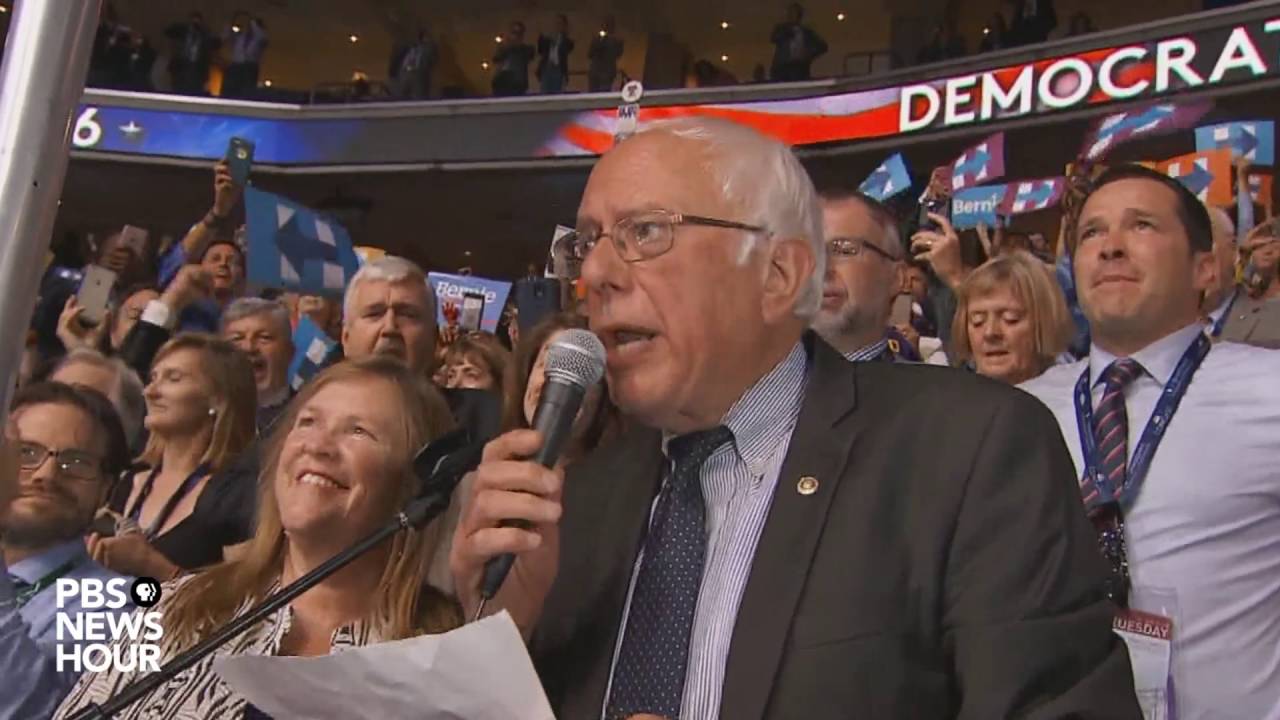Bernie Sanders surprises crowd, moves to nominate Clinton by voice vote at the 2016 DNC - YouTube