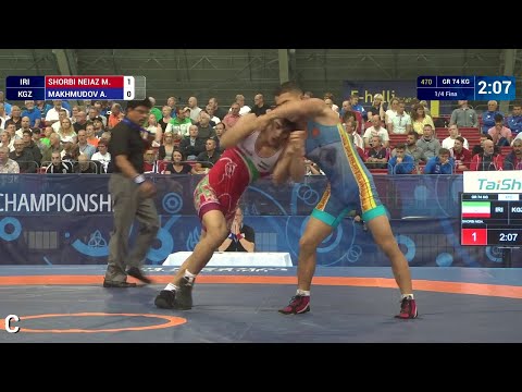 1/4 GR - 74 kg: A. MAKHMUDOV (KGZ) df. M. SHORBI NEIAZ (IRI) by VPO1, 2-2