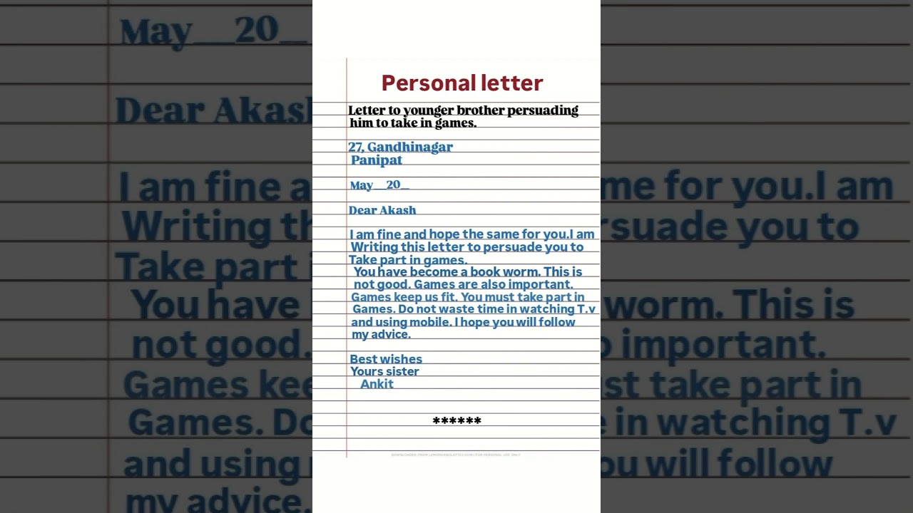 Personal letter→letter to younger brother persuading him to take in games. #class10th#englishgrammar
