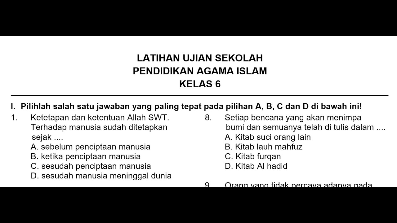 SOAL US PAI (PENDIDIKAN AGAMA ISLAM) KELAS 6 SD