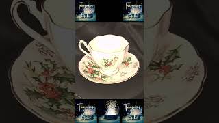 Queen Anne “Yuletide” Fine Bone China Teacup & Saucer – England, 1950s Holiday Holly & Bells Pattern