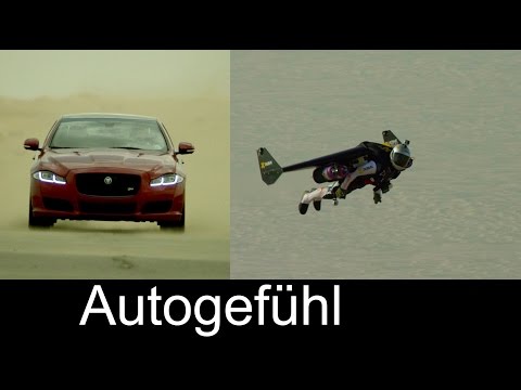 Incredible shots with New Jaguar XJR vs human Jet in desert race: Martin Brundle vs Yves Rossy
