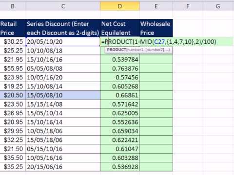 Part of a video titled Excel Magic Trick 828: Calculate Wholesale Price From Series Trade ...