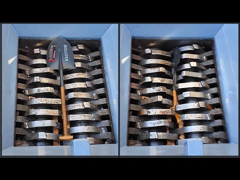 200 馬力の巨大シュレッダーでシャベルやその他の器具などを細断します。