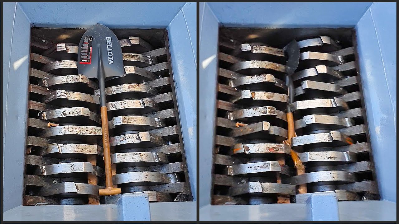 200 馬力の巨大シュレッダーでシャベルやその他の器具などを細断します。