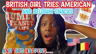 British girl and boy trying American and Belgium snacks for the first time