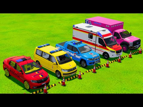 TRANSPORTING DACIA, VOLKSWAGEN POLICE CARS & MERCEDES FORD AMBULANCES WITH SCANIA TRUCKS ! FS22