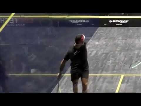SQUASH. Elias hits a no-look, x-court roller