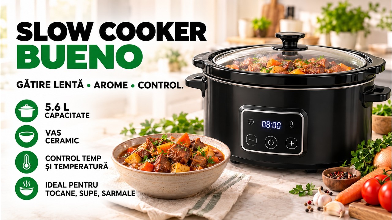 Slow cooker BUENO, 230 W, 5.6 L, vas ceramic, control timp și temperatură=