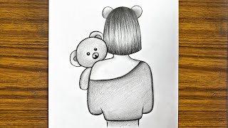 How to draw a girl holding a teddy bear  Girl draw