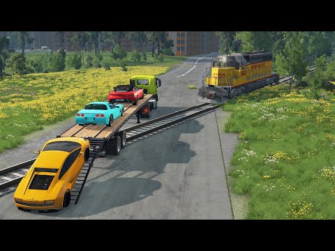 Flatbed Long Trailer Truck Speed Bumps Transport Car Rescue – Cars vs Train and Rails – BeamNG Drive