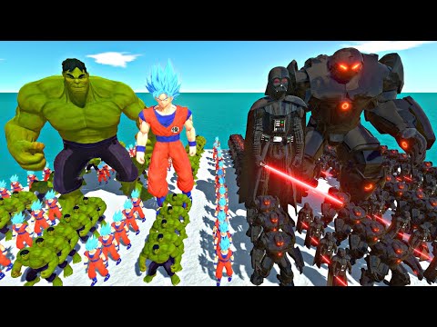 Son Goku Team + Hulk Team vs  Hulkbuster Team + Darth Vader Team - Animal Revolt Battle Simulator