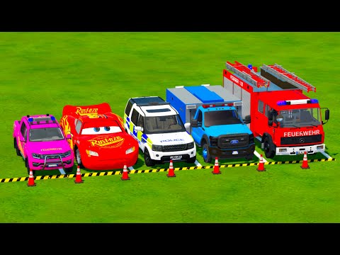 TRANSPORTING PIXAR CARS & FRUITS WITH COLORED & JOHN DEERE vs CLAAS vs TRACTORS - BeamNG.drive #983