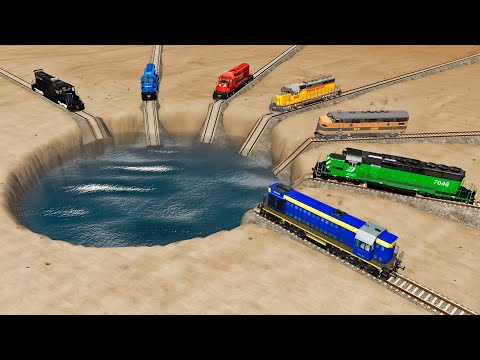 Trains vs Super Giant Water Pit – BeamNG.Drive