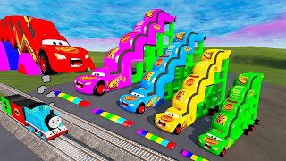 Fat Cars vs Long Mcqueen with Big & Small: Mcqueen vs Spinner Wheels with Train - BeamNG.drive