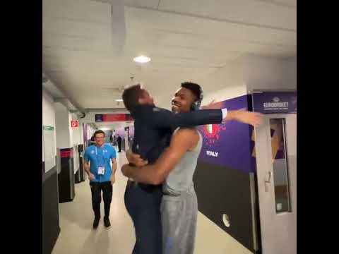 Coach Pozzecco of Italy jumps on Giannis in celebration of defeating Serbia 🤣 #EuroBasket