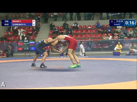 Round 5 FS - 58 kg: S. SORKOMOV (RUS) df. E. BASAR (TUR) by TF, 10-0