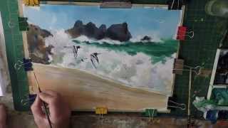 how to paint the beach, waves and birds Porthcurno Cornwall