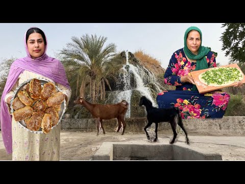 Village life in Iran:rustic cooking green onion bread
