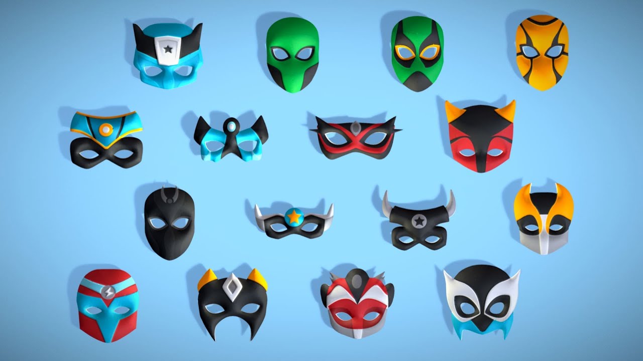 16 Kids Superhero Mask Pack - Cartoon Low Poly - Stylized Face Masks Collection 3D Model