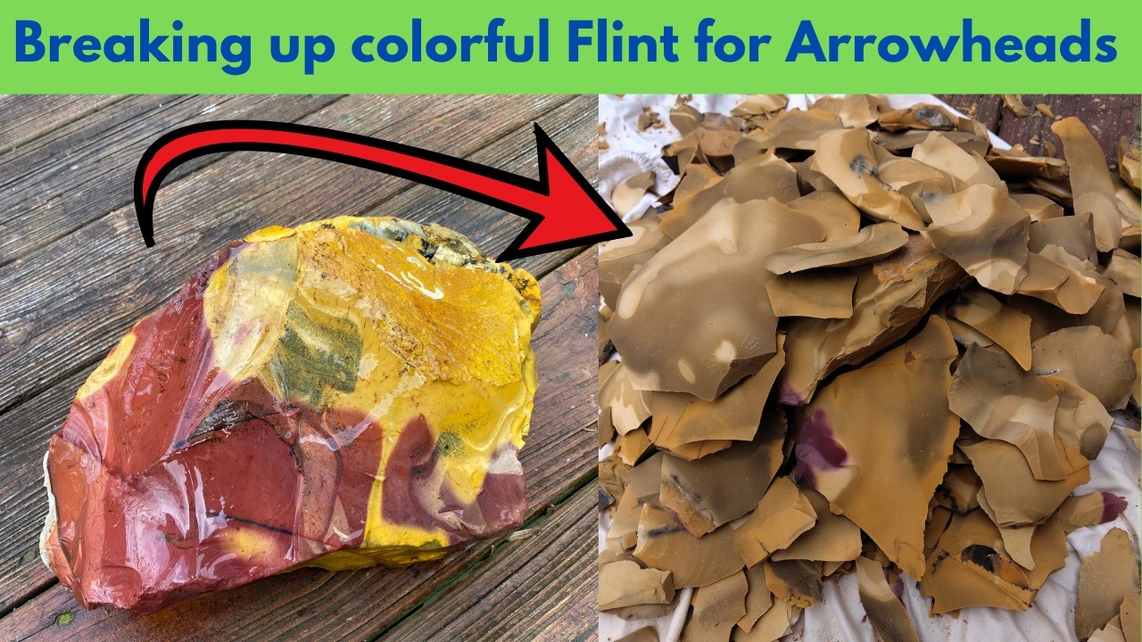Breaking up Colorful Flint for Arrowheads, Flintknapping