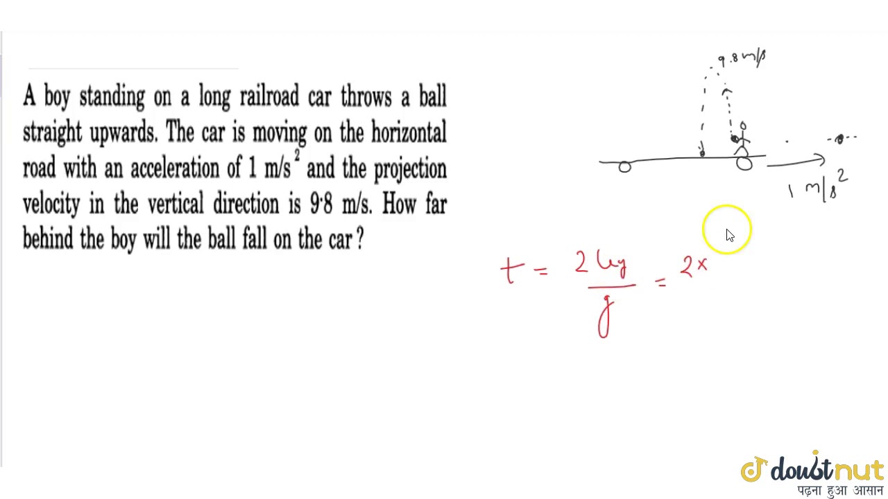 A boy standing on a long railroad car throws a ball straight upwards. The car is moving on the h...