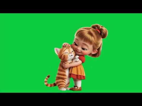 La fillette caresse le chat tigré 4k Green Screen #vfx