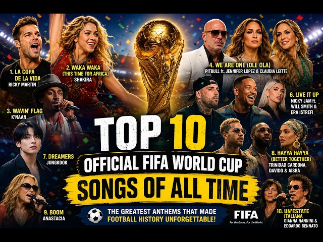 Top 10 Greatest Official FIFA World Cup Songs of All Time | Ricky Martin, Shakira, K'naan SDDEFAULT Thumbnail
